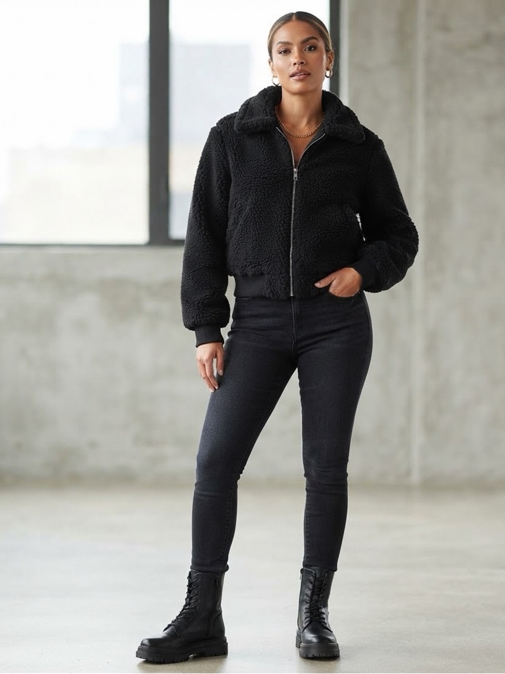 Who What Wear Black Faux Fur Sherpa Jacket Coat Full Zip Collared Size L NWT